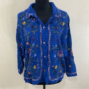 Vintage Tantrums Collections Silk Blend Embroidered Blue Floral Button-Up Shirt